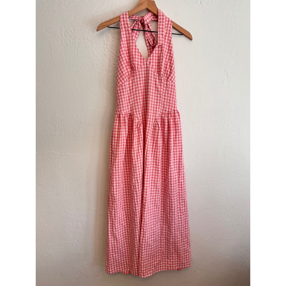 Wenrine Pink Gingham Halter Maxi Dress Smocked Back Pockets Medium